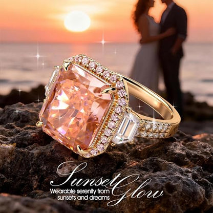 Moissa 8ct Sunset Glow Radiant Cut Halo Cocktail Ring for Women | 14K Gold Plated Tarnish-Resistant Silver Ring, 12x10mm Lab Zircon, Bold Statement Ring for Party, Engagement & Anniversary - color: Padparadscha