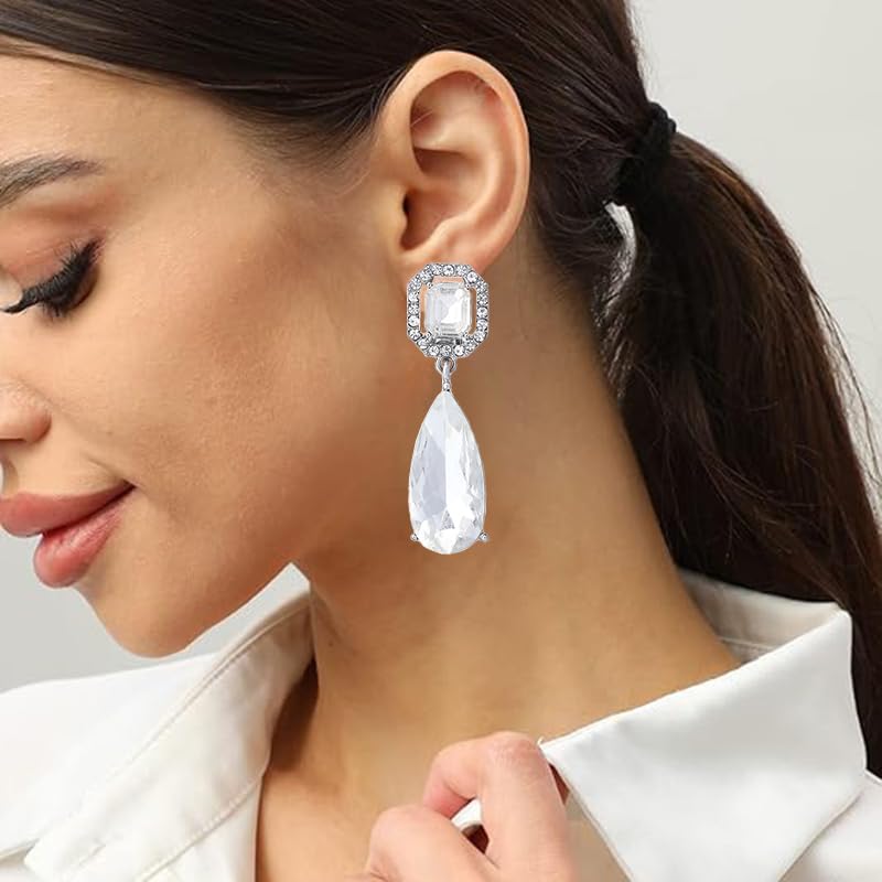 Gorgeous Long Austrian Crystal Teardrop Drop Dangle Clip On Earrings Non Pierced for Women - color: White,Silver