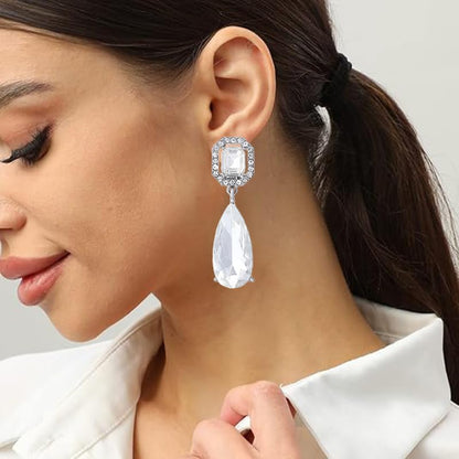 Gorgeous Long Austrian Crystal Teardrop Drop Dangle Clip On Earrings Non Pierced for Women - color: White,Silver