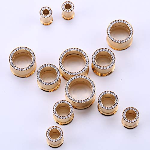WBRWP 2pcs Hollow Gold Stainless Steel with Zircon Ear Plugs Tunnels - Ear Expander - Ear Gauges Stretcher Body Piercing Jewelry 8g-5/8 - color: Gold with CZ