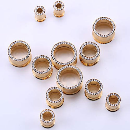 WBRWP 2pcs Hollow Gold Stainless Steel with Zircon Ear Plugs Tunnels - Ear Expander - Ear Gauges Stretcher Body Piercing Jewelry 8g-5/8 - color: Gold with CZ