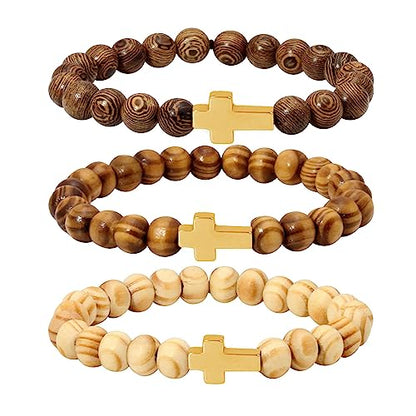 8mm Cross Beads Wooden Bracelet for Men Women Healing Lava Rock Stretch Bracelets Set - color: C2-Gold Cross Beads