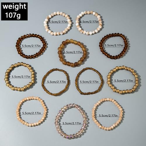 7/12Pcs Set Bohemian Stackable Crystal Seed Beaded Elastic Stretch Bracelet Multilayerd Handmade Brass Bead for Women Jewelry Surfer Heishi Polymer Clay Layering - color: 12brown