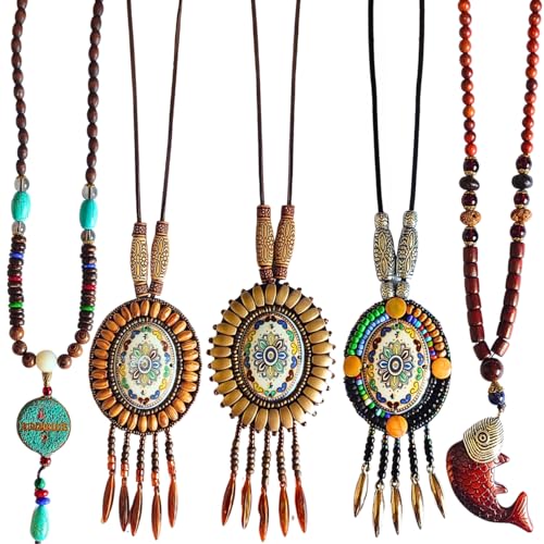Bohemian Beaded Necklace for Women Long Boho Pendant Wood Mala Beads Wooden Strand Tassel Stone Bohemian Necklaces for Women Jewelry - style: Hippie Ethnic Set