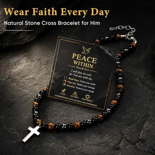 Beaded Cross Necklace Gifts for Men - Triple Protection Black Onyx Obsidian Tiger Eye Natural Stone Necklace Stainless Steel Cross Pendant Stress Relief Balance Faith Jewelry Gifts for Husband Dad Son - color: PSALM 23:4