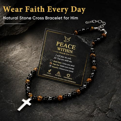 Beaded Cross Necklace Gifts for Men - Triple Protection Black Onyx Obsidian Tiger Eye Natural Stone Necklace Stainless Steel Cross Pendant Stress Relief Balance Faith Jewelry Gifts for Husband Dad Son - color: PSALM 23:4