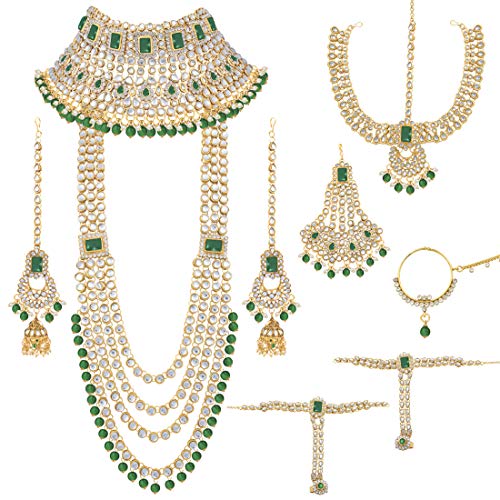 Aheli Traditional Wedding Indian Bharatanatyam jewellery set Long Choker Necklace Earrings Maang Tikka Nath Paasa Hath Phool for Women - color: Green