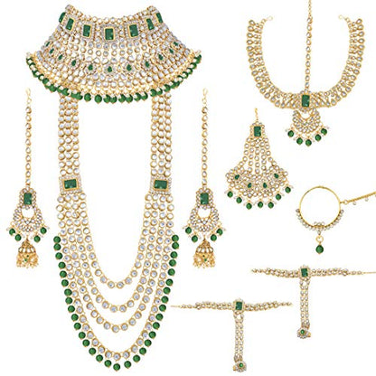 Aheli Traditional Wedding Indian Bharatanatyam jewellery set Long Choker Necklace Earrings Maang Tikka Nath Paasa Hath Phool for Women - color: Green