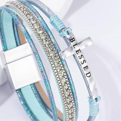 Boho Leather Wrap Bracelets Beaded Stackable Cuff Bracelet Country Concert Outfits Cowboy Cowgirl Western Jewelry Gifts for Women - color: Cross-Teal