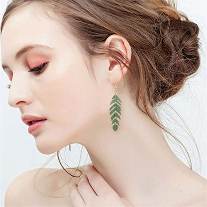 Handmade Boho Vintage Green Bronze Lightweight Statement Leaves Earrings with Detailed Texture Drop Dangle Earring for Women Floating Feathers Chain Earrings Jewelry Gifts