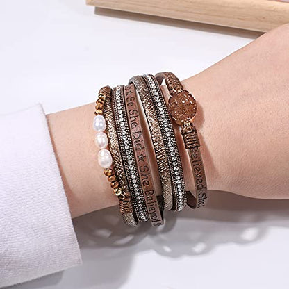 Artilady Leather Wrap Bracelet for Women, Pearl Beaded Bangle Stack Jewelry | Easy on-off, Elegant Handmade Multi-Layered, Daily Casual Date Beach Vacation, Gift for Ladies, Mother, Sister & Friend - style: So She Did, Brown