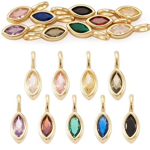 9Pcs Horse Eye Cubic Zirconia Charms Crystal CZ Stone Birthstone Dangle Charms Golden Brass Necklace Pendants for DIY Earring Bracelet Craft Jewelry Making 12x4x3.5mm - color: Horse Eye