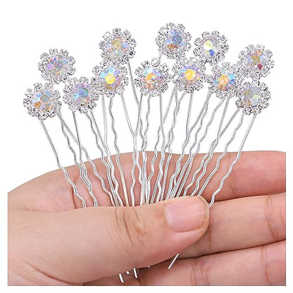 Ammei Crystal Bridal Hair Pins Clips Wedding Hair Accessories Hair Set Jewelry With Rhinestone For Brides and Bridesmaids Set Of 12 (AB Silver) - color: AB Silver