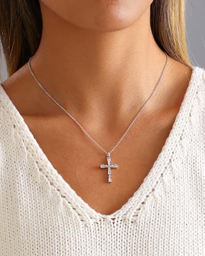 Cross Necklace for Women, 14K Gold Plated Cubic Zirconia Cross Pendant Necklace, Trendy Christian Jewelry Gifts for Baptism First Communion Christmas - color: Style A - Silver