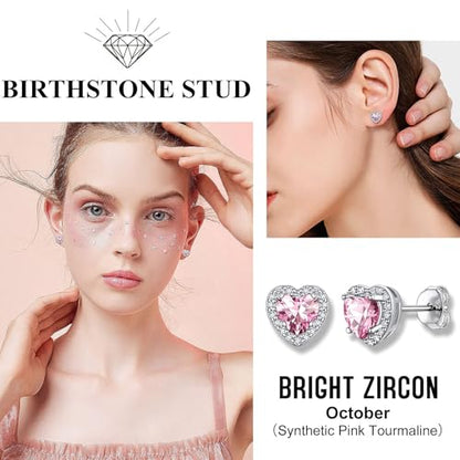 Bestyle Sparkling 925 Sterling Silver Birthstone Stud Earrings for Women, Heart/Round/Teardrop/Square Solitaire Diamond Studs Earrings, Great Birthday/Christmas Gifts - style: 10. Pink Tourmaline-Oct.-heart
