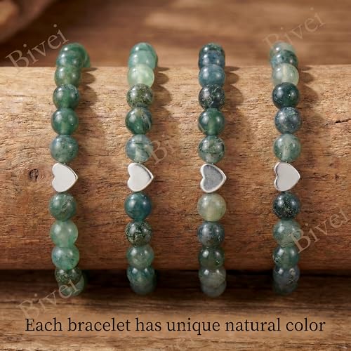 Bivei Crystal Stretch 6mm Bracelets for Women | Handmade Natural Stone Beaded Stretch Bracelet, Stainless Steel Heart Bead, Tranquility Yoga Gift Jewelry for Women - color: Moss Agate - Grounding