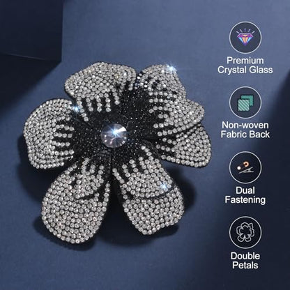 3.74 Inches Rhinestone Camellia Flower Brooch Pins & Hair Clips for Women Elegant Created Crystal Lapel Pin Brooches Wedding Party - color: Black & White