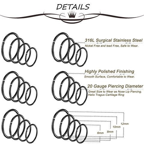 24Pcs 20G 316L Stainless Steel Nose Rings Hoop Tragus Cartilage Helix Piercing Lip Septum Ring 6-12MM Bendable - color: D: 24Pcs Black