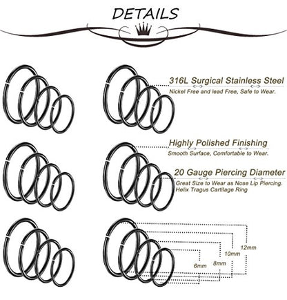 24Pcs 20G 316L Stainless Steel Nose Rings Hoop Tragus Cartilage Helix Piercing Lip Septum Ring 6-12MM Bendable - color: D: 24Pcs Black