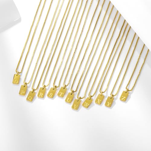 Gold Plated Square Initial Necklace Waterproof A-Z Letter Pendant on Thin Chain - Dainty, Stackable Jewelry for Women - color: Golden-O, size: F