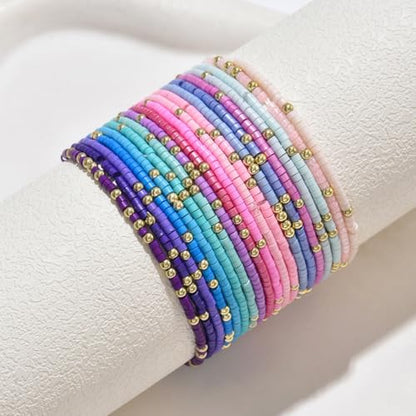 Cute Handmade Colorful Tiny Seed Beads Stackable Bracelets Set Bohemian Gold Beaded Elastic Multilayered Stretch Bracelet for Women Rainbow Surfer Boho Beach Jewelry - style: Set B