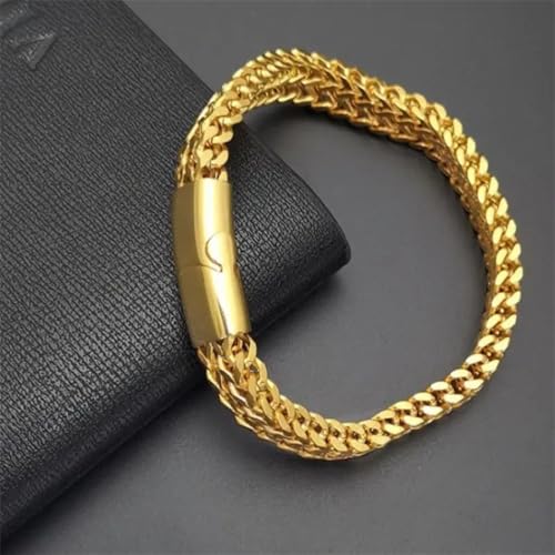 Stainless Steel Double Row Braided Cuban Chain Bracelet Men Jewelry | Bracelet Double Row Square Chain Men's Hip Hop Fashion Party Gold and Silver Chain - Gift for Husband, Son, Father - color: gold, size: 19cm