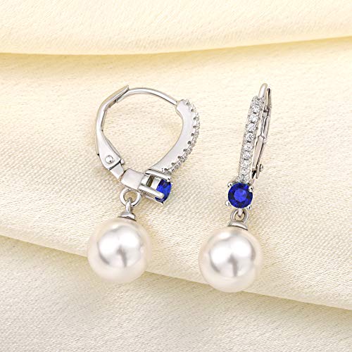 JO WISDOM 925 Sterling Silver Freshwater Pearl Hoop Earrings with Dangle Real Pearl,Simulated Pearls - color: B-8mm white pearl,blue sapphire