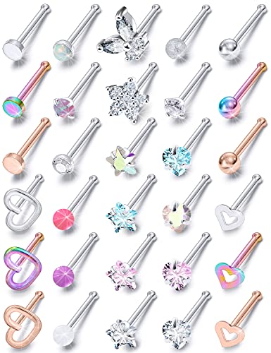 Prjndjw 20G 18G Nose Rings Studs Surgical Steel Nose Stud Glow Dark Heart Opal CZ Flower Nose Piercing Jewelry Nose Rings for Women Straight Screw L Shaped Nose Rings Hypoallergenic Nose Piercing Kit - color: 20G-Straight Bar Nose rings