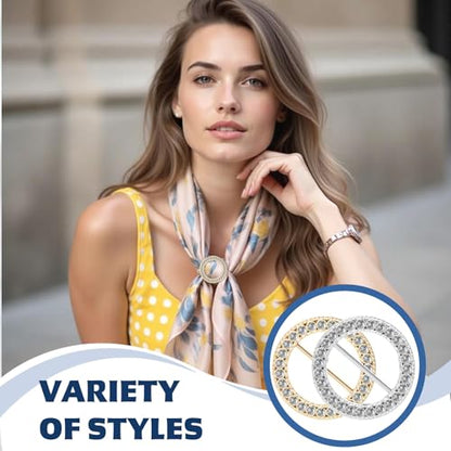 4 PCS Scarf Ring, Rhinestones Scarf Clip Shirt Ties Clips for Women Portable Waist Cinch Buckle Waist Tightener Clip Clothing Accessories for Shawl, Sweater, Dress, Pant (Gold, Silver)