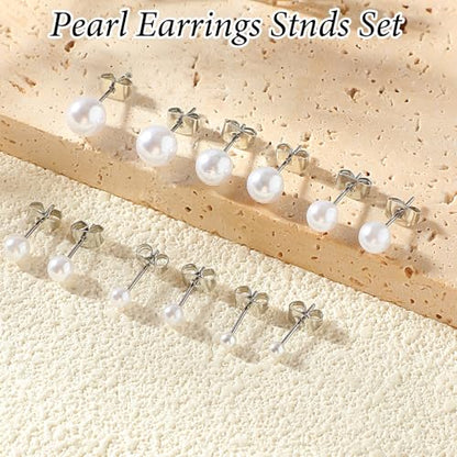 6 Pairs Pearl Earrings Studs, Stainless Steel Studs 3-8mm Pearl Stud for Women Adult Birthday Valentine's Day Women's Jewelry Gifts