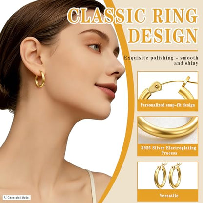 2mm Gold Earrings | Post Hoops Earrings For Women,Hollow Tube Hoops Earrings, Thick Gold Hoop Earrings, Hypoallergenic Lightweight Gold Hoop, Large Earrings 17/19//22/24MM - size: 24mm