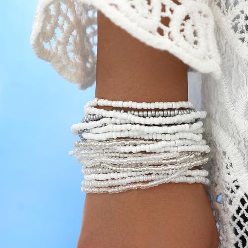 16-30Pcs Handmade Bohemian Colorful Crystal Seed Beads Stackable Adjustable Elastic Stretch Multilayerd Bracelets for Women Summer Vacation Beach Boho Bangle Jewelry - color: white
