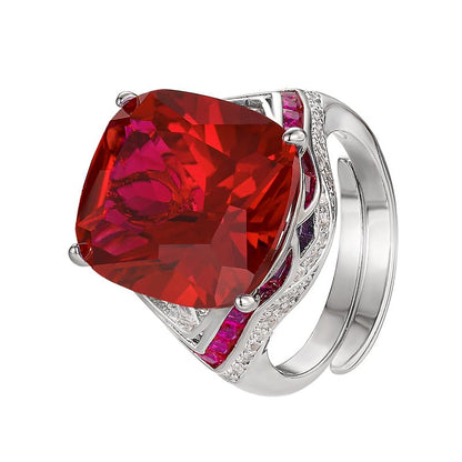 Cushion Gem Cocktail Ring For Women, 2 Colors Blue Red Trapezoid Side Crystal Adjustable Open Statement Evening Ring - color: red