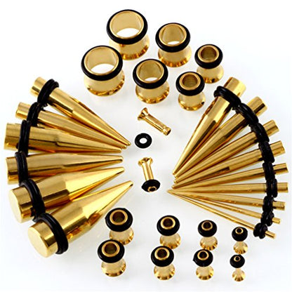 36pcs Ear Stretching Kit 14G-00G Surgical Steel Tapers Tunnels Gauges Set for Starter Women and Men Expanders Body Piercing Jewelry - color: Goldtone