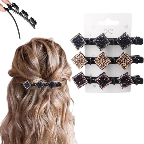 3 Pcs Sparkling Crystal Stone Braided Hair Clips, 2026 New Satin Fabric Hair Bands Rhinestone Four-Leaf Clover Hair Clip for Styling, Duck Bill Clips for Women Girls, Color C - color: Color C