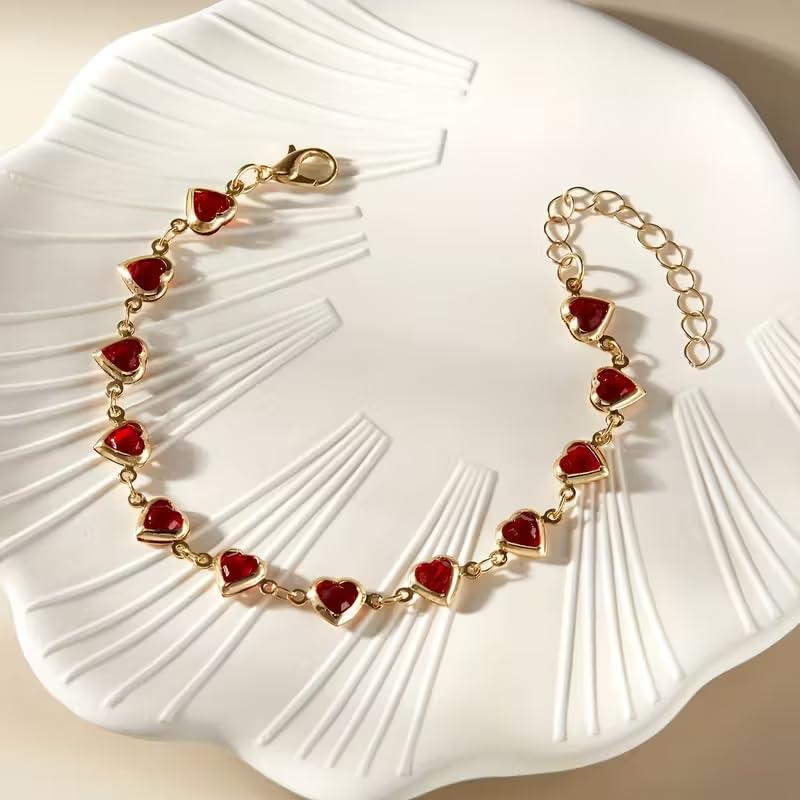 1pc Heart Shape Bracelet With Colorful Rhinestone Beads,Small And Fresh Style(No Box) Valentines,Mother's Day,Gift - color: Gold-Red, size: One Size