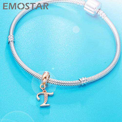 EMOSTAR Letter Charms Initial A-Z Alphabet Beads, Rose Gold 925 Sterling Silver Dangle CZ Birthstone Pendant, Gifts for European Charm Bracelet/Mothers Day/Birthday - color: Letter T