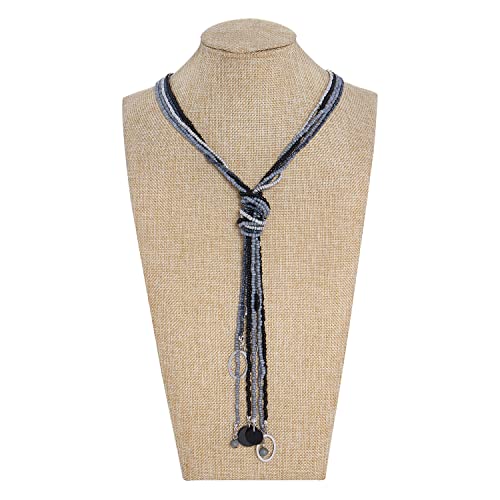Coiris Long Seed Beaded Multi Strand Necklace,10 Multiple Statement Long Bib Necklace with Tie Knot for Women and Girls Jewelry - color: Black Grey