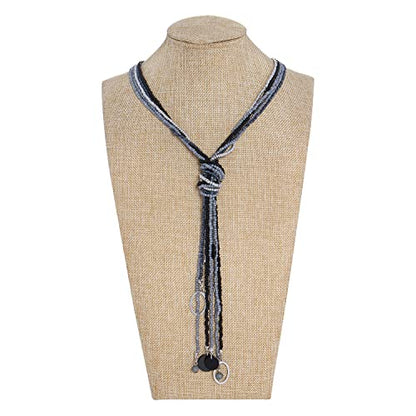 Coiris Long Seed Beaded Multi Strand Necklace,10 Multiple Statement Long Bib Necklace with Tie Knot for Women and Girls Jewelry - color: Black Grey