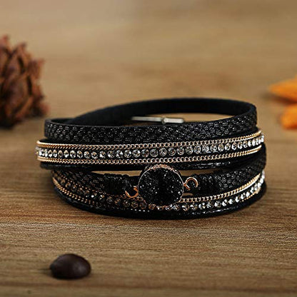 Fesciory Leather Wrap Bracelets for Women, Boho Western Layered Jewelry | Layered leather cuff bracelets, Easy on and off, Boho western style, Daily wear, Gift for women - color: Black 4