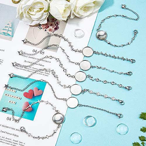 PH PandaHall 28 pcs Bracelet Bezel Settings for Jewelry DIY Craft Making | 14 pcs 7 Styles 304 Stainless Steel Bezel Bracelets Blank Tray Bangles, 14 pcs 16mm Flat Round Clear Glass Cabochons