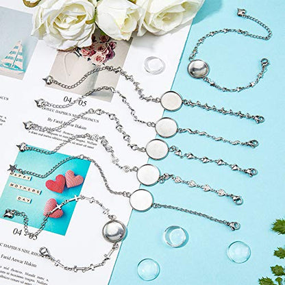 PH PandaHall 28 pcs Bracelet Bezel Settings for Jewelry DIY Craft Making | 14 pcs 7 Styles 304 Stainless Steel Bezel Bracelets Blank Tray Bangles, 14 pcs 16mm Flat Round Clear Glass Cabochons