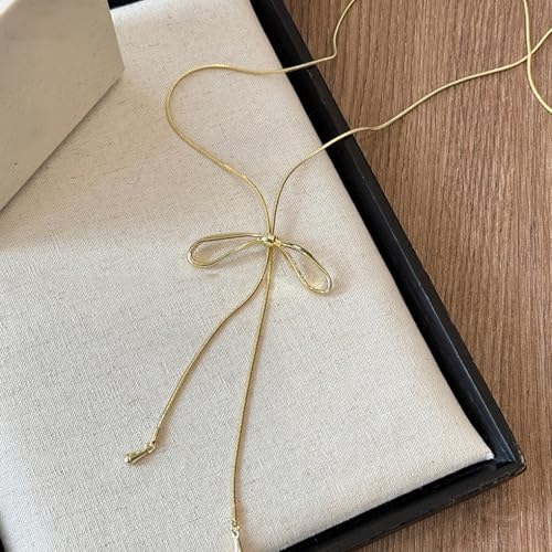 FUTIMELY Dainty Long Gold Necklace for Women,Thin Herringbone Chain Necklace,Long Lariat Necklace Body Jewelry - color: Bow Gold