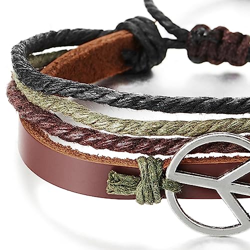 COOLSTEELANDBEYOND Men’s Adjustable Peace Sign Leather Bracelet, Multi-Strand Braided Cord Wristband, Boho Fashion Jewelry Gift for Him