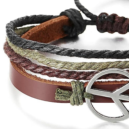 COOLSTEELANDBEYOND Men’s Adjustable Peace Sign Leather Bracelet, Multi-Strand Braided Cord Wristband, Boho Fashion Jewelry Gift for Him