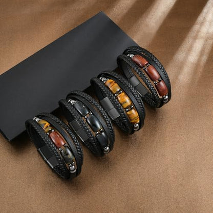 Mens Tiger Eye Leather Bracelet, Natural Tiger Eye Stone Multi-Layer Braided Cuff Bracelets for Men, Stainless Steel with Buckle Memorial Bangle Gifts for Him - color: Black3