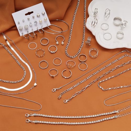 Gold/Silver Jewelry Set for Women Layered Bracelets Ball Dangle Hoop Earrings Stackable Knuckle Rings Set Dainty Adjustable Necklaces Valentine Anniversary Trendy Party Costume Accessories Jewelry - style: Fashionable