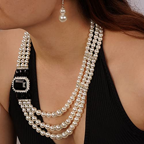 Aimimier 1920s 3-layered White Faux Pearl Necklace and Earrings Set with Crystal and Rhinestone Bridal Long Pearl Necklace Statement Women Jewelry - color: Black