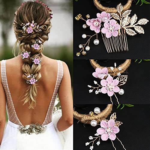 5 PCS Bridal Flower Wedding Hair Pins Crystal Pearl Hair Clips Headpiece Gold Wedding Hair Accessories Jewelry with Rhinestone for Brides Bridesmaids Women Girls Updo, Romantic Lilac Purple - color: Exquisite Flower Leaves&Romantic Lilac Purple