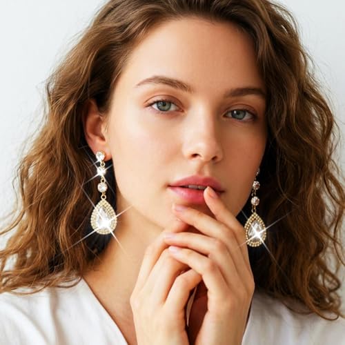 Catery Rhinestone Earrings Silver Crystal Teardrop Earrings Long Wedding Jewelry for Women - color: Gold